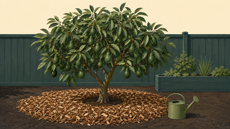 Backyard avocado tree with dark green canopy and hanging fruit, watering basin and wood-chip mulch ring at its base