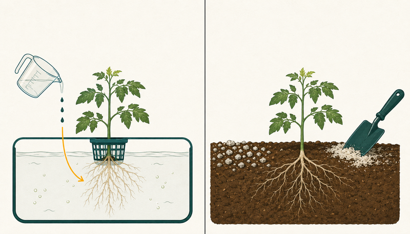 Six calcium fertilizer forms in a row, from a clear dissolved solution to a coarse mineral, over a soil bed and a hydroponic reservoir