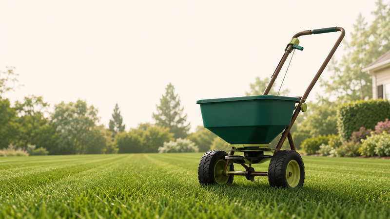 Healthy green lawn being fed with a broadcast spreader, illustrating how to match fertilizer to grass type and season.
