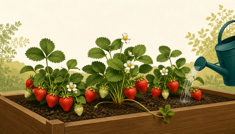 Ripe red strawberries on healthy plants in a garden bed, illustrating results of a balanced strawberry fertilization program