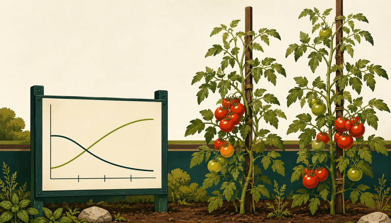 Ripening tomato plants beside a stage-by-stage tomato fertilizer feeding chart