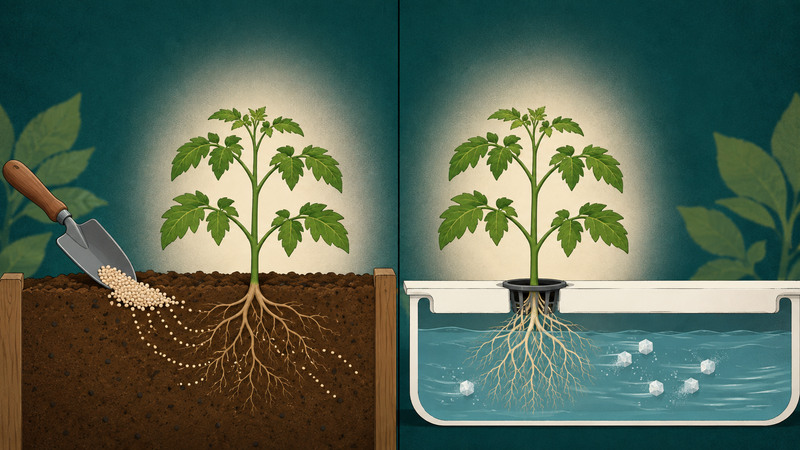 Split illustration of a garden bed fed with organic meal and a hydroponic channel fed with dissolved phosphate, showing the two ways to supply phosphorus