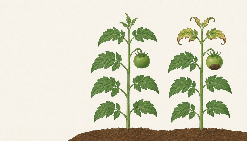 Two tomato plants side by side, one healthy and one with cupped young leaves and a fruit showing blossom end rot from calcium deficiency