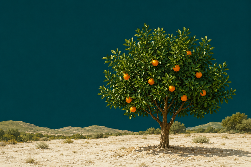 Backyard orange tree with healthy deep green foliage and ripe fruit on alkaline western soil, illustrated in Greenway Biotech brand colors