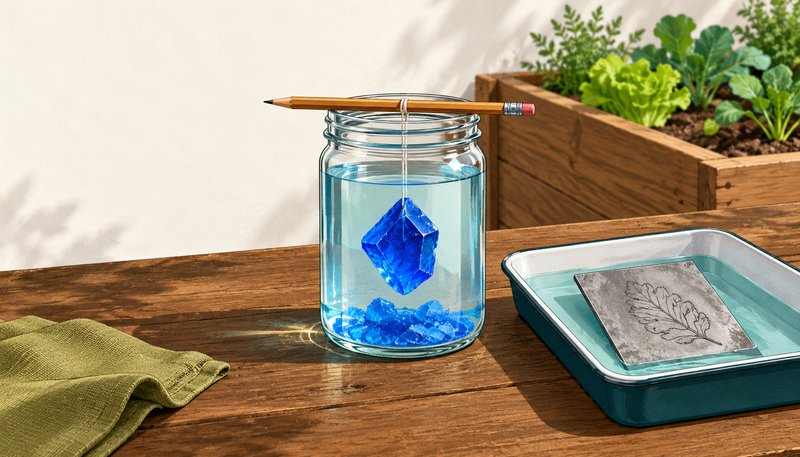 Deep blue copper sulfate crystals in a glass jar beside a small vegetable bed and a zinc etching plate, illustrating copper sulfate uses at home