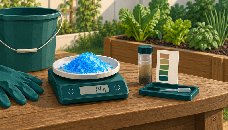 Blue copper sulfate crystals weighed on a scale beside a garden soil test kit before application