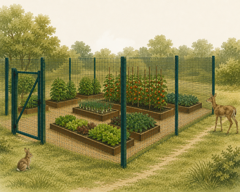 A fenced vegetable garden keeping pests out, with a deer and rabbit blocked by a tall wire-mesh perimeter fence