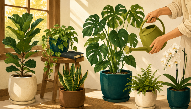 Bright indoor sunroom scene of healthy potted foliage houseplants beside a watering can of mixed fertilizer solution