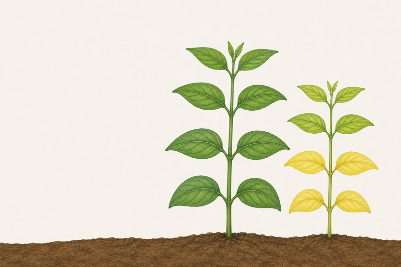 	Two identical plants side by side, healthy on the left and nitrogen-deficient on the right with its two lowest leaf pairs uniformly yellow