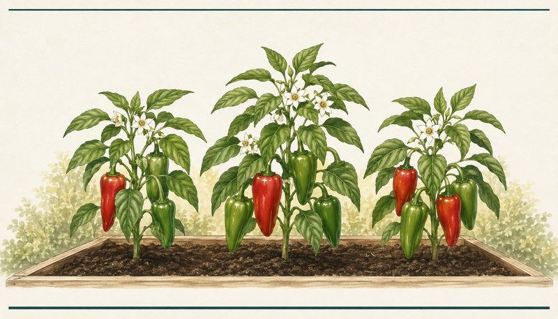 Ripening green and red bell peppers hanging from healthy pepper plants in a raised garden bed