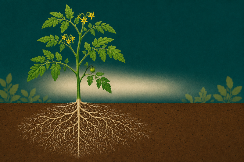 Illustrated flowering tomato plant with a vigorous root system in soil cross-section, showing what phosphorus does for plants