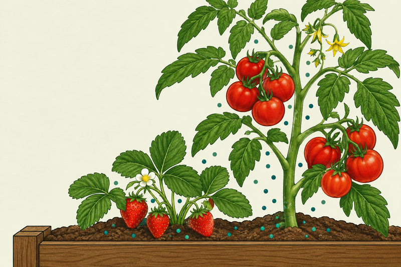Healthy tomato and strawberry plants heavy with ripe fruit in a raised bed, with potassium ions rising from the soil into the fruit