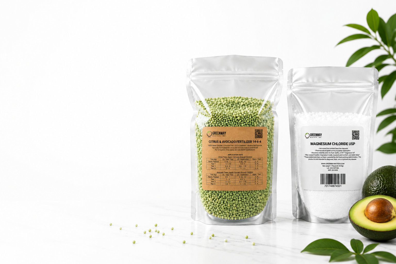 Two packages of magnesium chloride and citrus & avocado fertilizer with an avocado on a white background