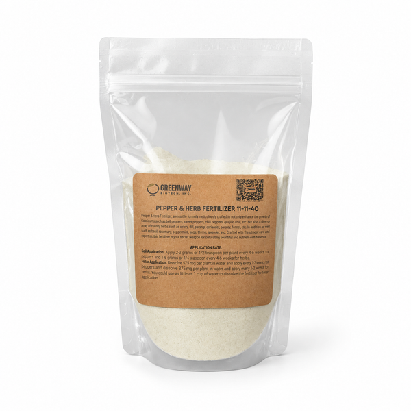 Pepper and herb fertilizer 11-11-40 1 pound package with a label on a white background
