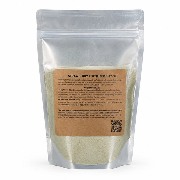 Strawberry fertilizer 8-12-32 1 pound package with a label on a white background