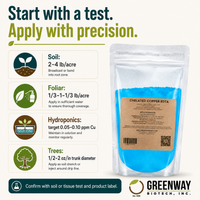 Chelated Copper EDTA 14% application rates for soil, foliar, hydroponics, and trees