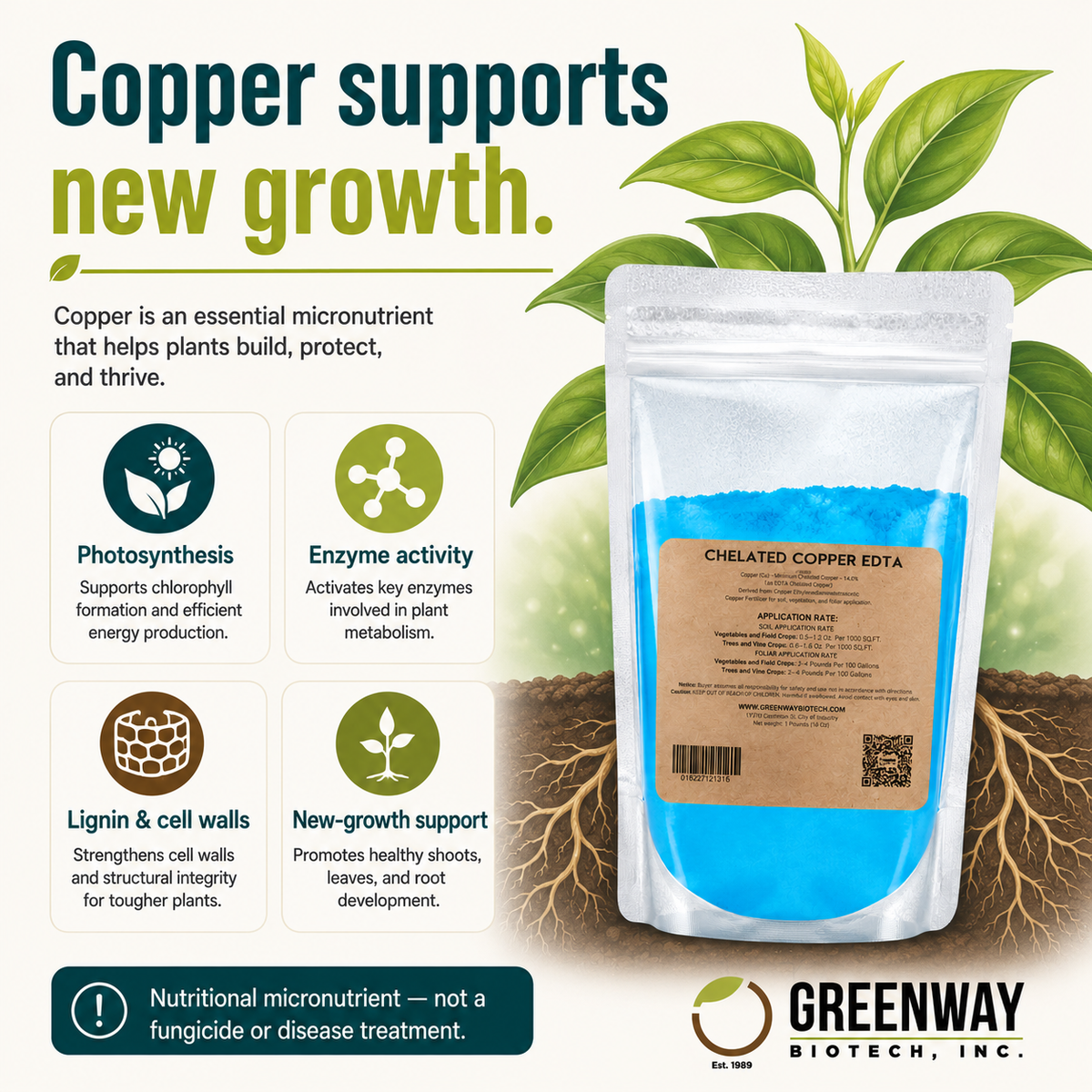 Chelated Copper EDTA 14% supports photosynthesis, enzymes, and new plant growth
