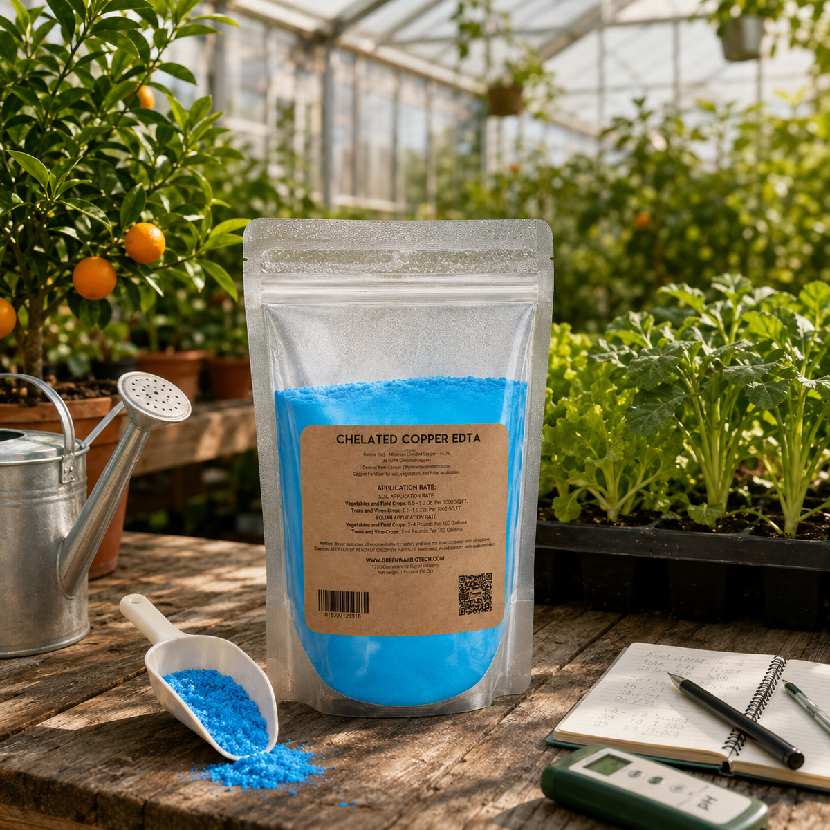 Chelated Copper EDTA 14% Cu fertilizer on a potting bench in a sunlit greenhouse