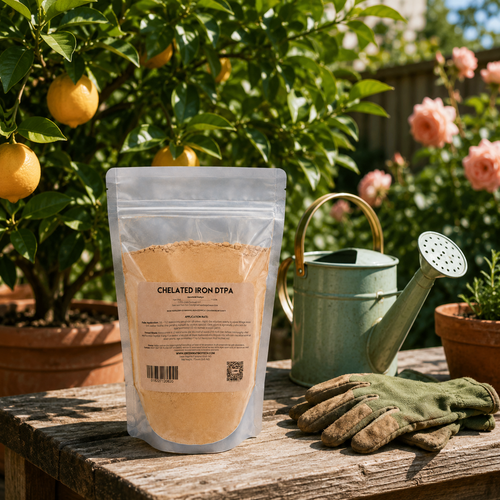 Chelated Iron DTPA on a potting bench beside a healthy citrus tree with deep green new foliage.