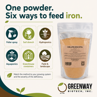 Chelated Iron DTPA used six ways: foliar, soil drench, hydroponics, aquaponics, greenhouse, field.