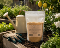 Chelated Iron EDTA 13% fertilizer bag on garden soil beside healthy green foliage