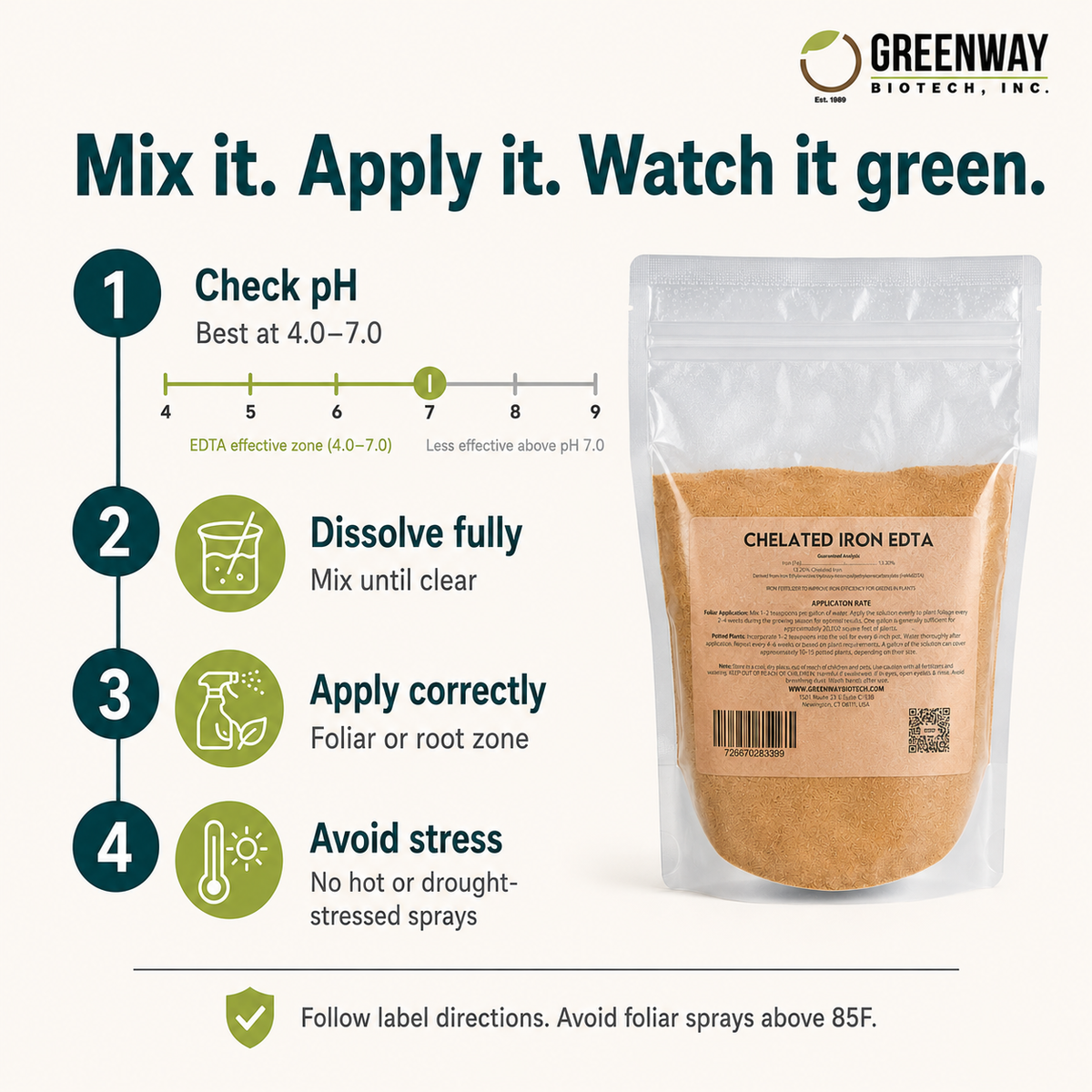 How to use Chelated Iron EDTA 13% safely: check pH, dissolve, apply, avoid heat stress