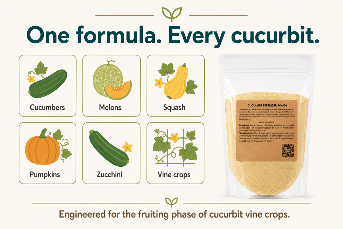 Cucumber Fertilizer 8-16-36 crop guide for cucumbers, melons, squash, pumpkins, zucchini, and cucurbit vine crops