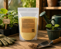 Cucumber Fertilizer 8-16-36 on a potting bench with squash seedlings and gardening gloves