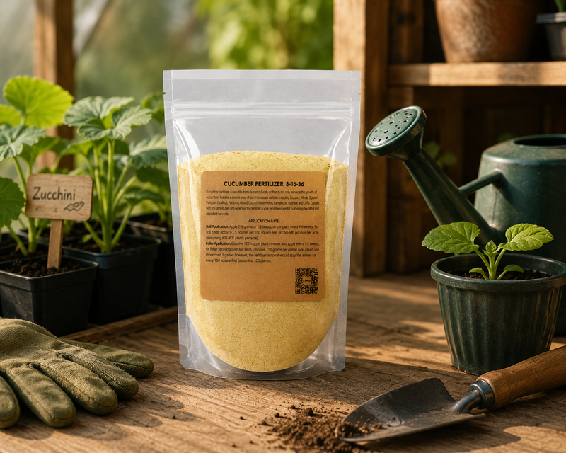 Cucumber Fertilizer 8-16-36 on a potting bench with squash seedlings and gardening gloves