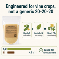 Cucumber Fertilizer 8-16-36 logic: high K, controlled N, steady P at a 4.5 to 1 K2O to N ratio
