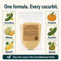 Cucumber Fertilizer 8-16-36 feeds cucumbers, melons, squash, pumpkins, zucchini, and gourds
