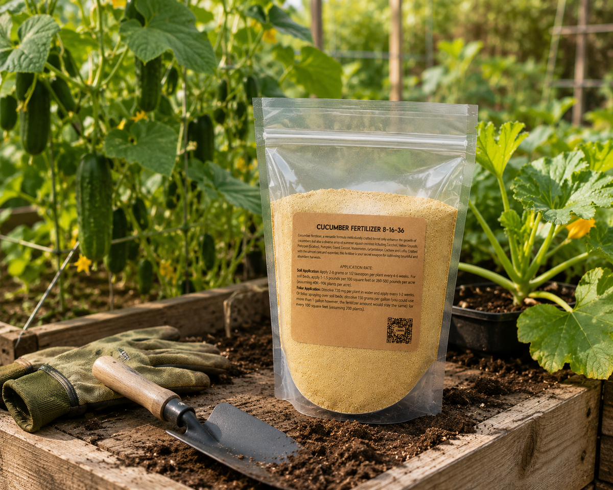 Cucumber Fertilizer 8-16-36 bag on a potting bench beside cucumber vines and garden gloves