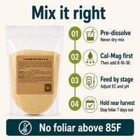 How to use Cucumber Fertilizer 8-16-36: pre-dissolve, add Cal-Mag first, feed by stage, no foliar above 85F