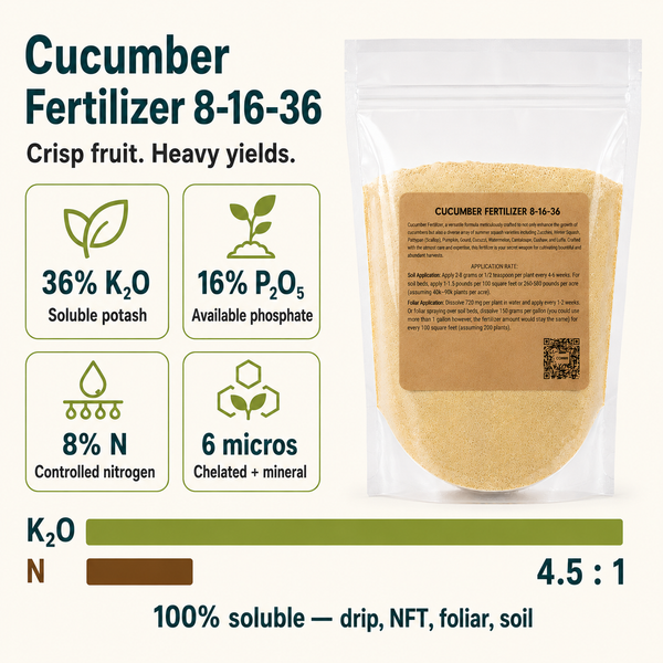 Cucumber Fertilizer 8-16-36 stats: 36% K2O, 16% P2O5, 100% soluble, 6 chelated micros
