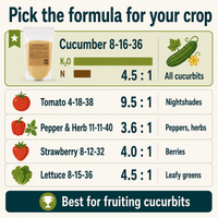 Compare Greenway crop formulas by K2O to N ratio; Cucumber 8-16-36 is best for fruiting cucurbits