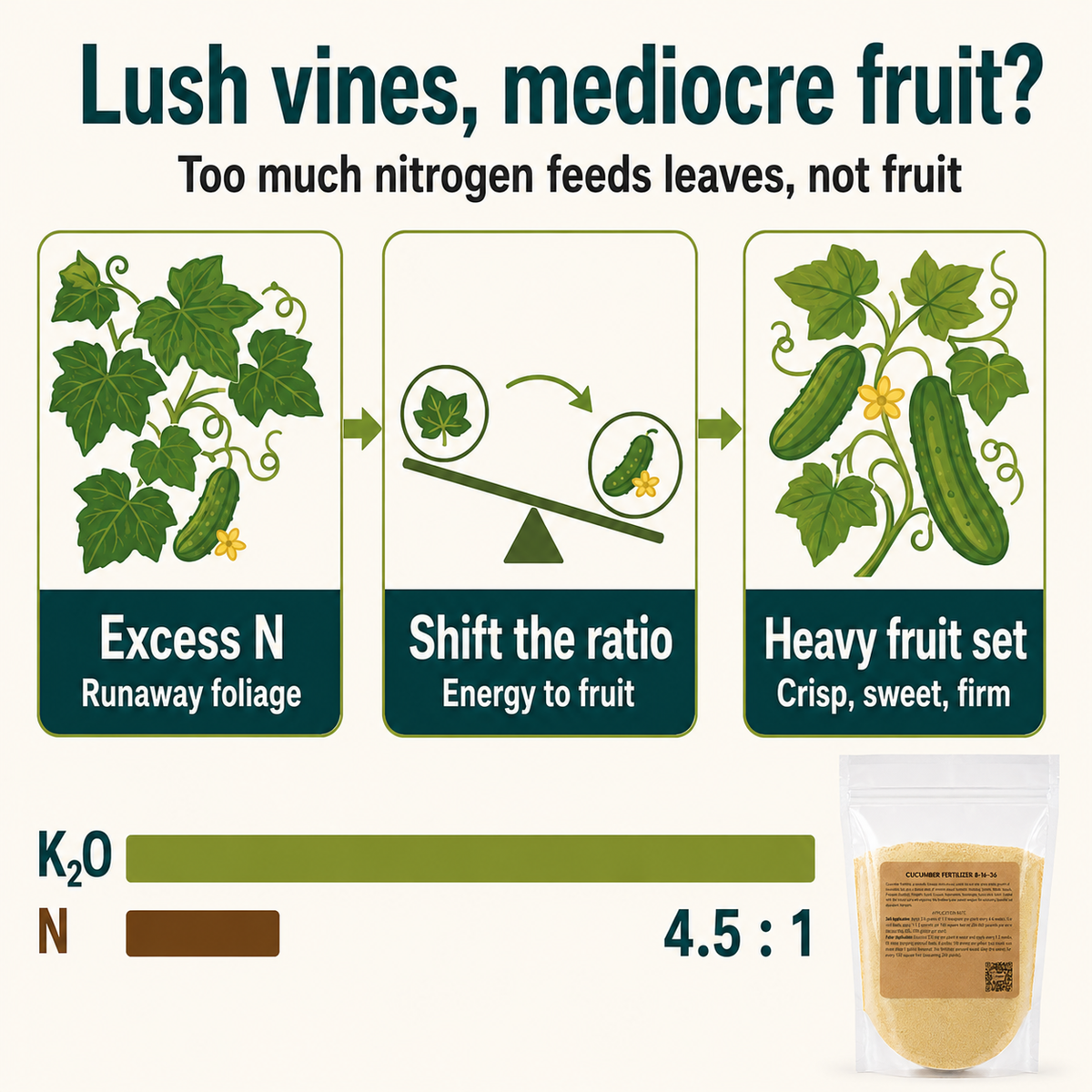 Cucumber Fertilizer 8-16-36 shifts the N ratio so energy goes to fruit, not runaway foliage