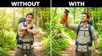 Before and after split-screen comparison — left side shows a panicked hiker swarmed by mosquitoes on a forest trail, right side shows the same hiker confidently holding up an amber spray bottle while a defeated mosquito sits on a nearby leaf with a packed suitcase ready to leave.
