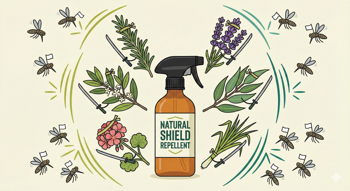 Infographic showing an amber spray bottle with black sprayer surrounded by six essential oil plants wielding samurai swords — rosemary, lavender, lemon eucalyptus, citronella, geranium, and tea tree — while defeated mosquitoes and bugs wave white surrender flags around the edges.