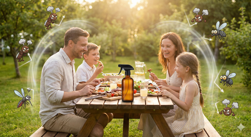 Family of four enjoying a backyard BBQ dinner at a picnic table, protected by an invisible force field from cartoon mosquitoes and bugs bouncing off in frustration. An amber spray bottle with black sprayer sits on the table. Golden hour summer setting with lush green trees.
