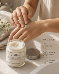 Hands massaging Bee-Tanical balm into skin, with callouts for face, hands and cuticles, elbows and knees
