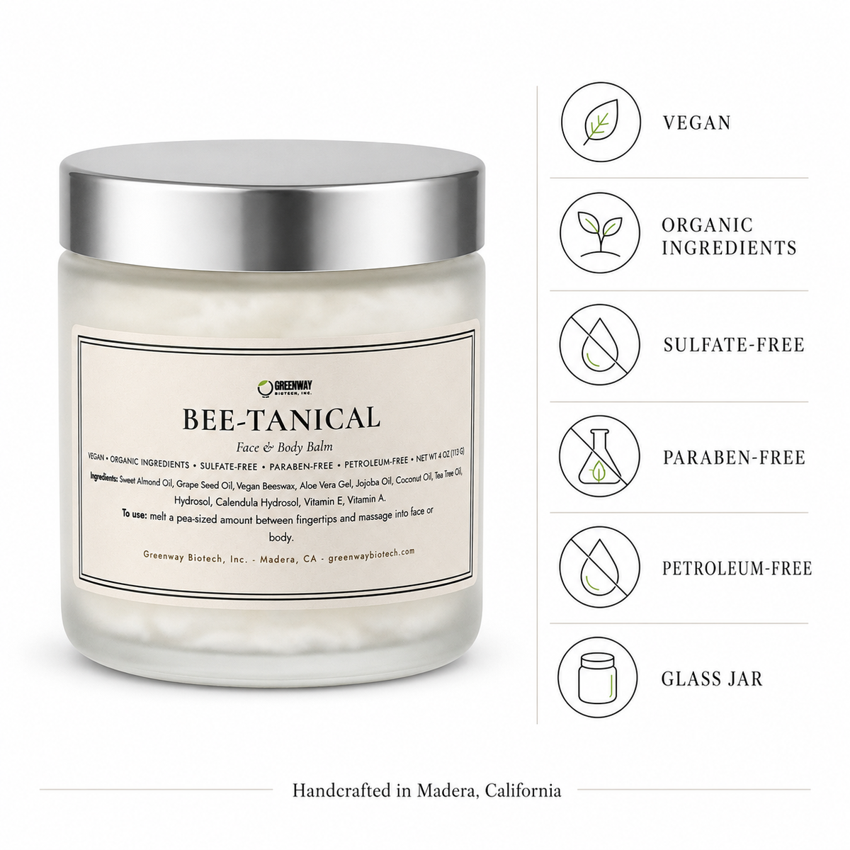 Bee-Tanical balm feature badges: vegan, organic ingredients, sulfate-free, paraben-free, petroleum-free, glass jar