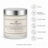 Bee-Tanical balm feature badges: vegan, organic ingredients, sulfate-free, paraben-free, petroleum-free, glass jar