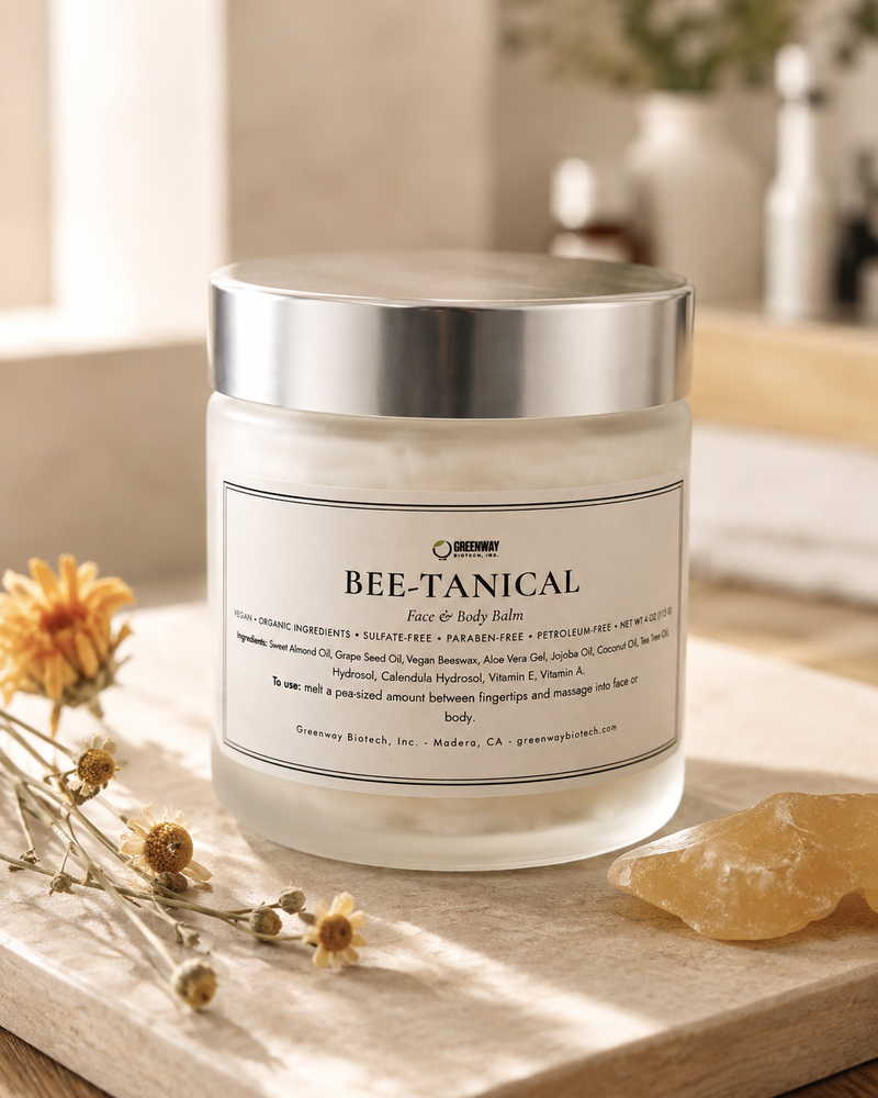 Bee-Tanical vegan face and body balm jar on a light oak surface with dried calendula and chamomile flowers