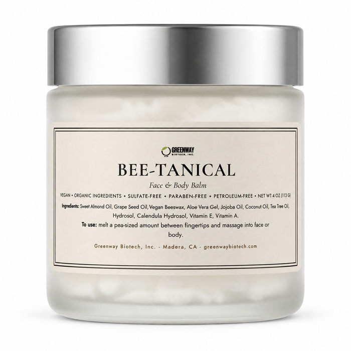 Greenway Biotech Bee-Tanical Face & Body Balm, 4 oz frosted glass jar with silver lid, on white background