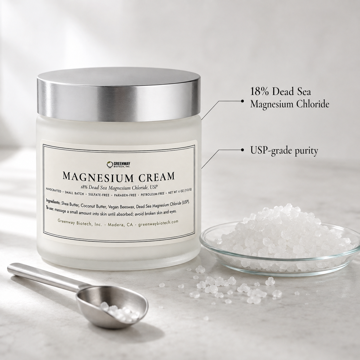 Magnesium Cream jar beside pure white Dead Sea magnesium chloride flakes, labeled 18% and USP-grade purity