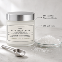 Magnesium Cream jar beside pure white Dead Sea magnesium chloride flakes, labeled 18% and USP-grade purity