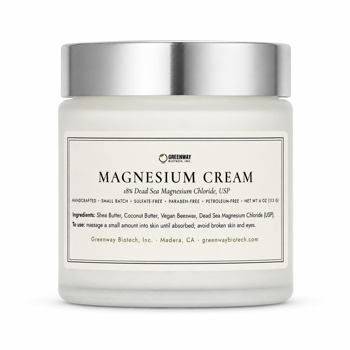 Greenway Biotech Magnesium Cream with 18% Dead Sea magnesium chloride USP, 4 oz frosted glass jar on white background