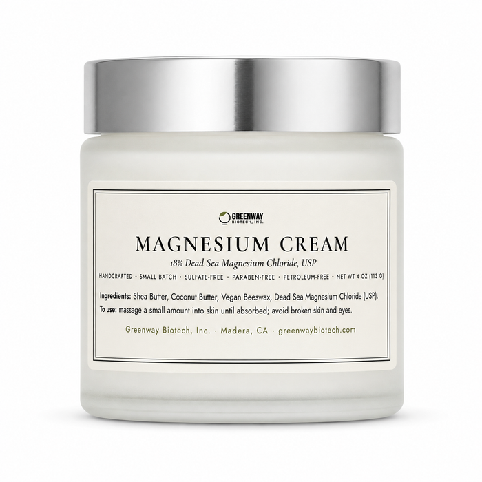 Greenway Biotech Magnesium Cream with 18% Dead Sea magnesium chloride USP, 4 oz frosted glass jar on white background