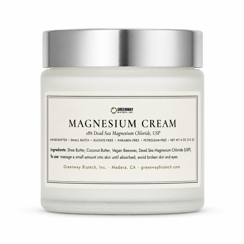 Greenway Biotech Magnesium Cream with 18% Dead Sea magnesium chloride USP, 4 oz frosted glass jar on white background