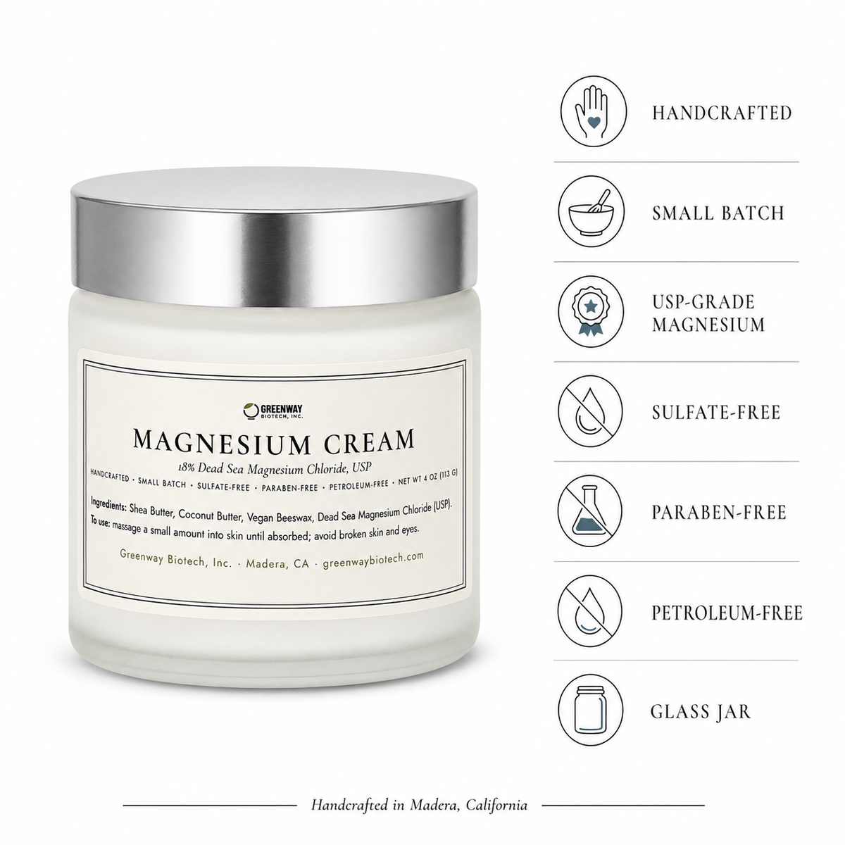 Magnesium Cream feature badges: handcrafted, small batch, USP-grade, sulfate-, paraben- and petroleum-free, glass jar